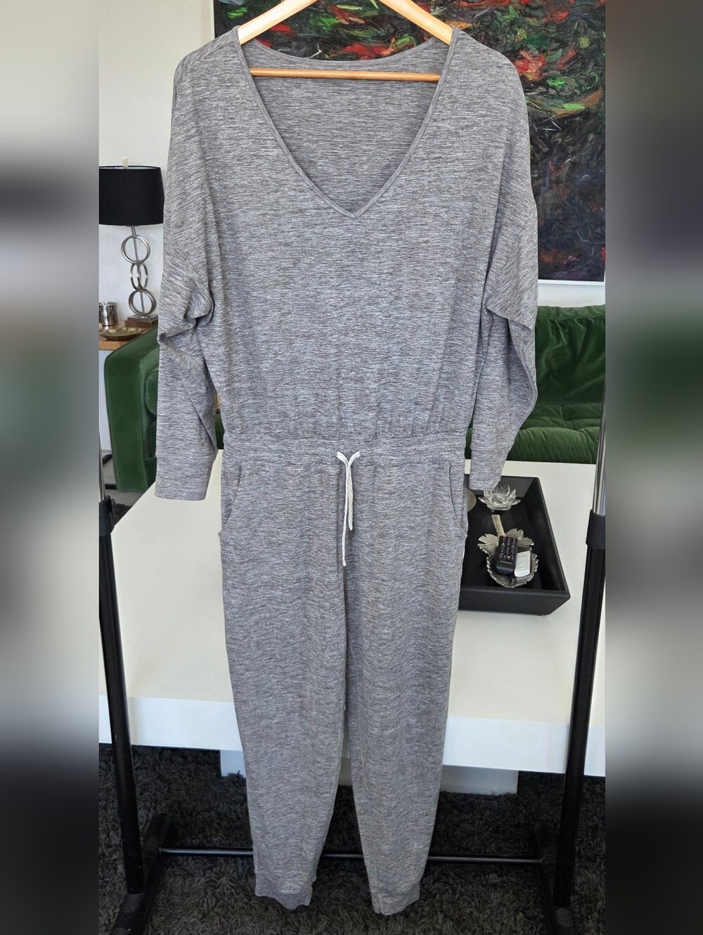 Vuori Lux V-Neck Jumpsuit Long Sleeve, Heather Gray - Drawstring + Side Pockets - Picture 2 of 6